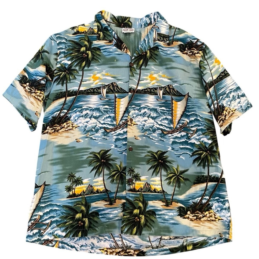 RON JON Men's Hawaiian Button Up Shirt XL Ocean/Palm Tree Image 100% Cotton‎